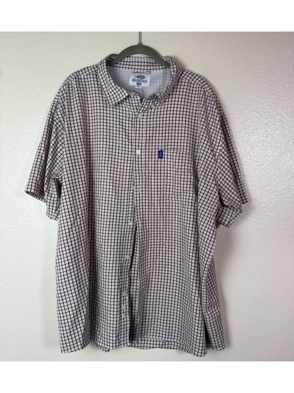 AFTCO Mens Plaid Short Sleeve Fishing Shirt size XXL Red White Nylon Blend Camp